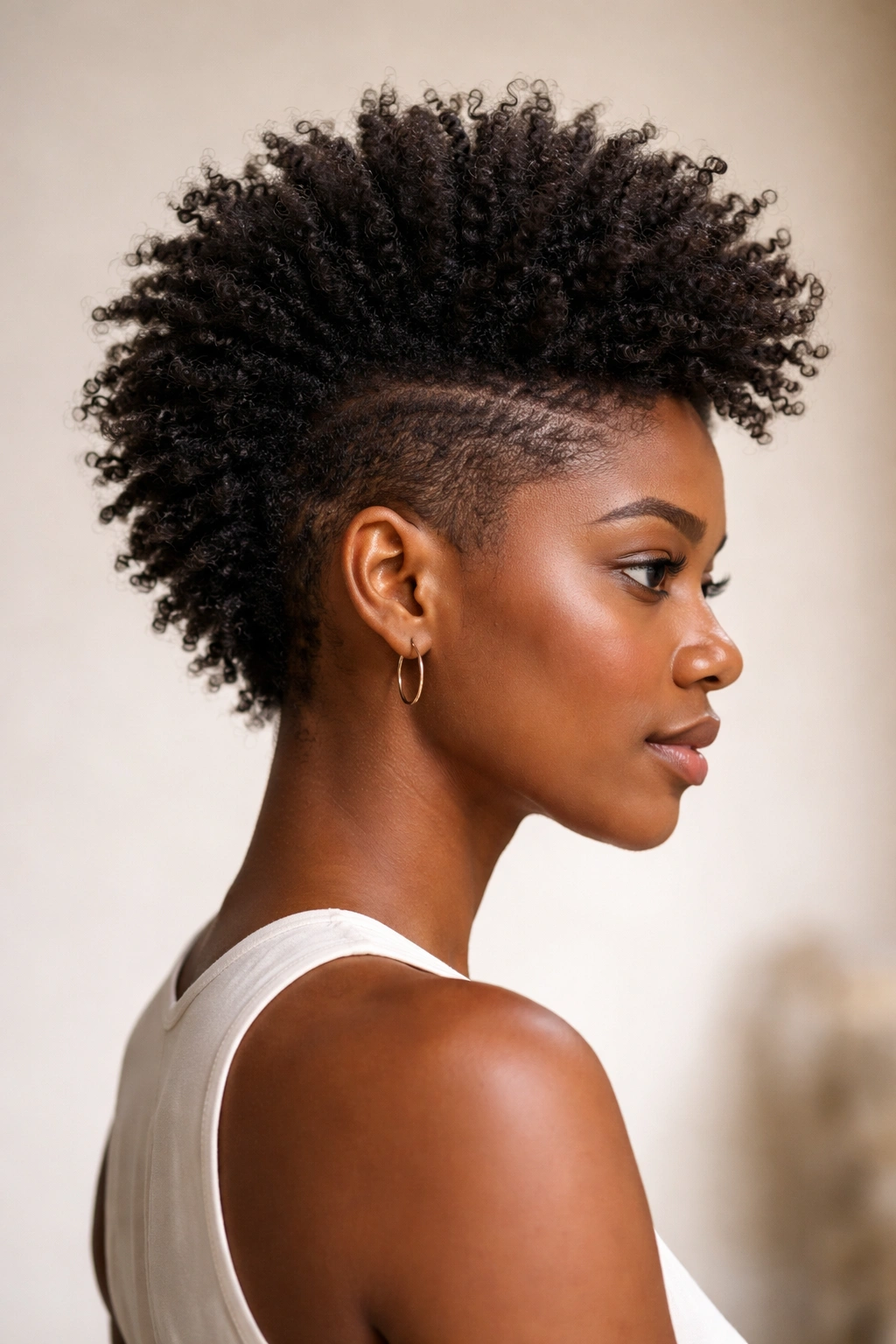 Side profile of a tapered frohawk with a high center ridge on short 4C hair