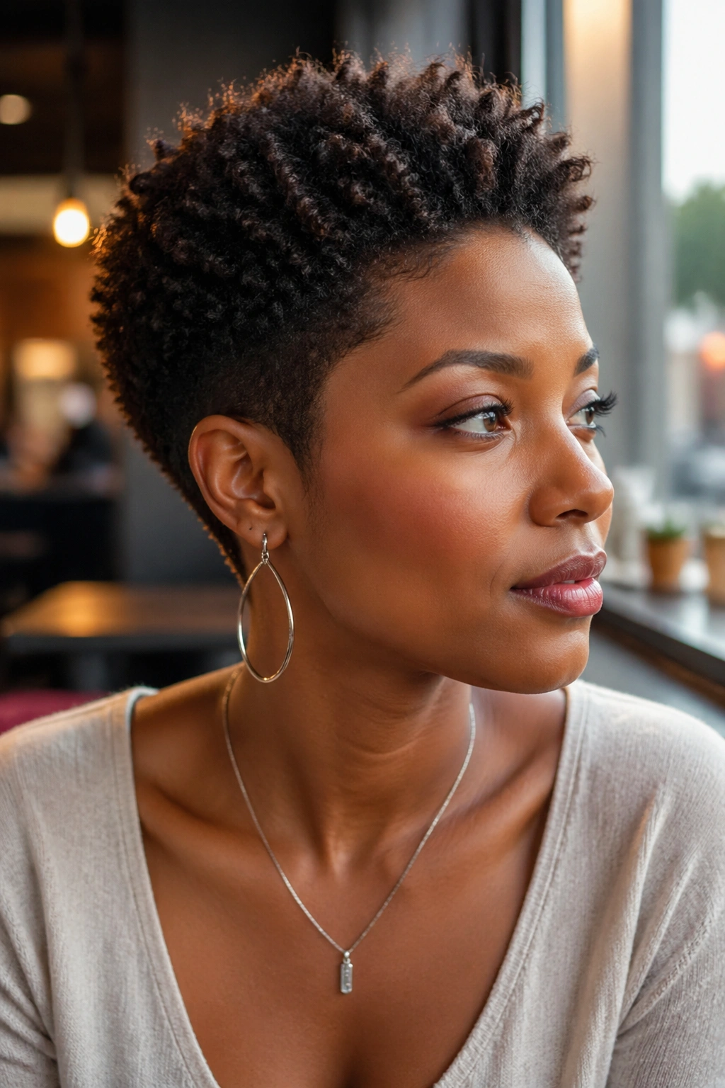 Close-up portrait of a real woman with a tapered mini afro in a sunny cafe.
