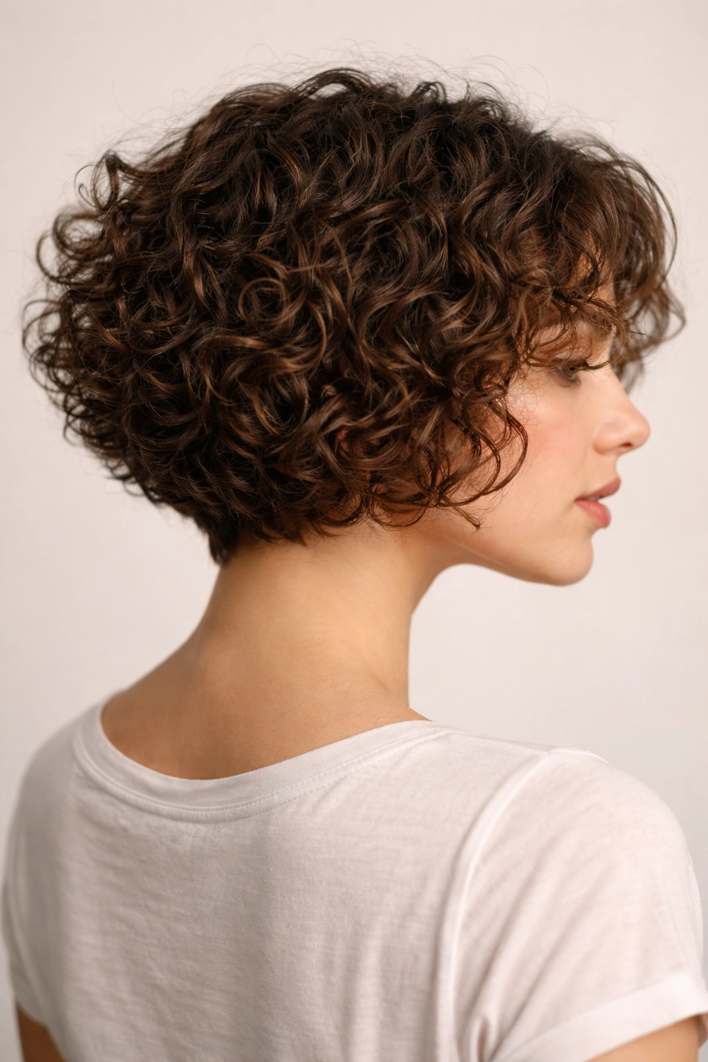 Close-up of a young girl with a tapered nape curly bob, neck-hugging back and defined curls.