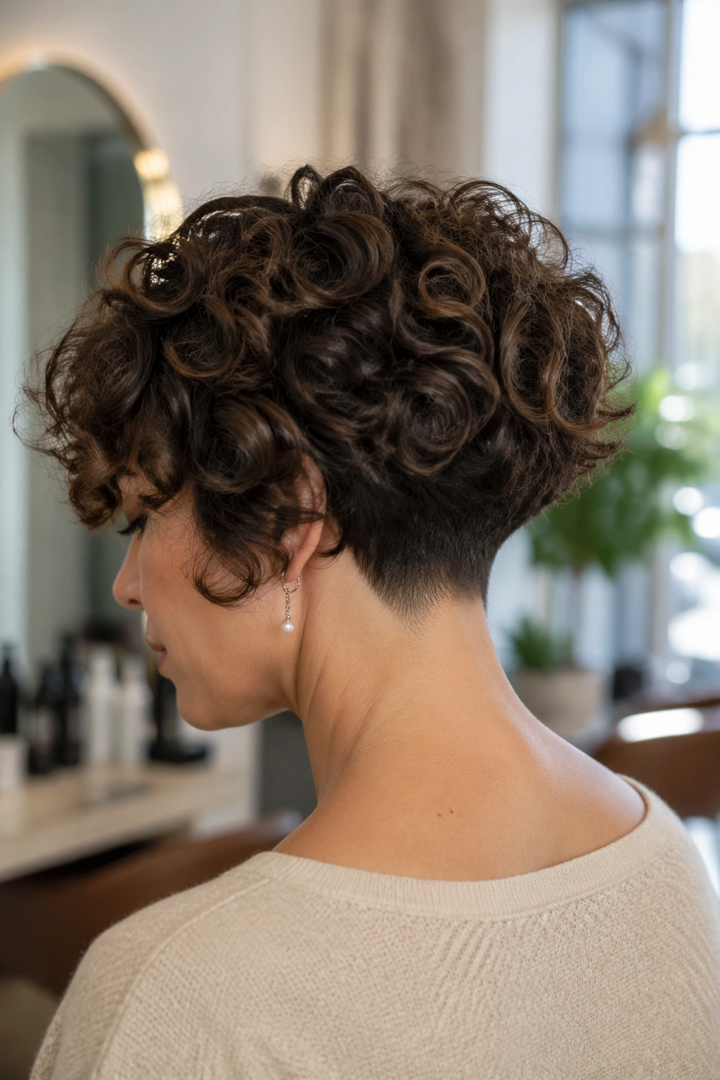 Rear three-quarter view of a real woman with tapered nape curly bob at the back.