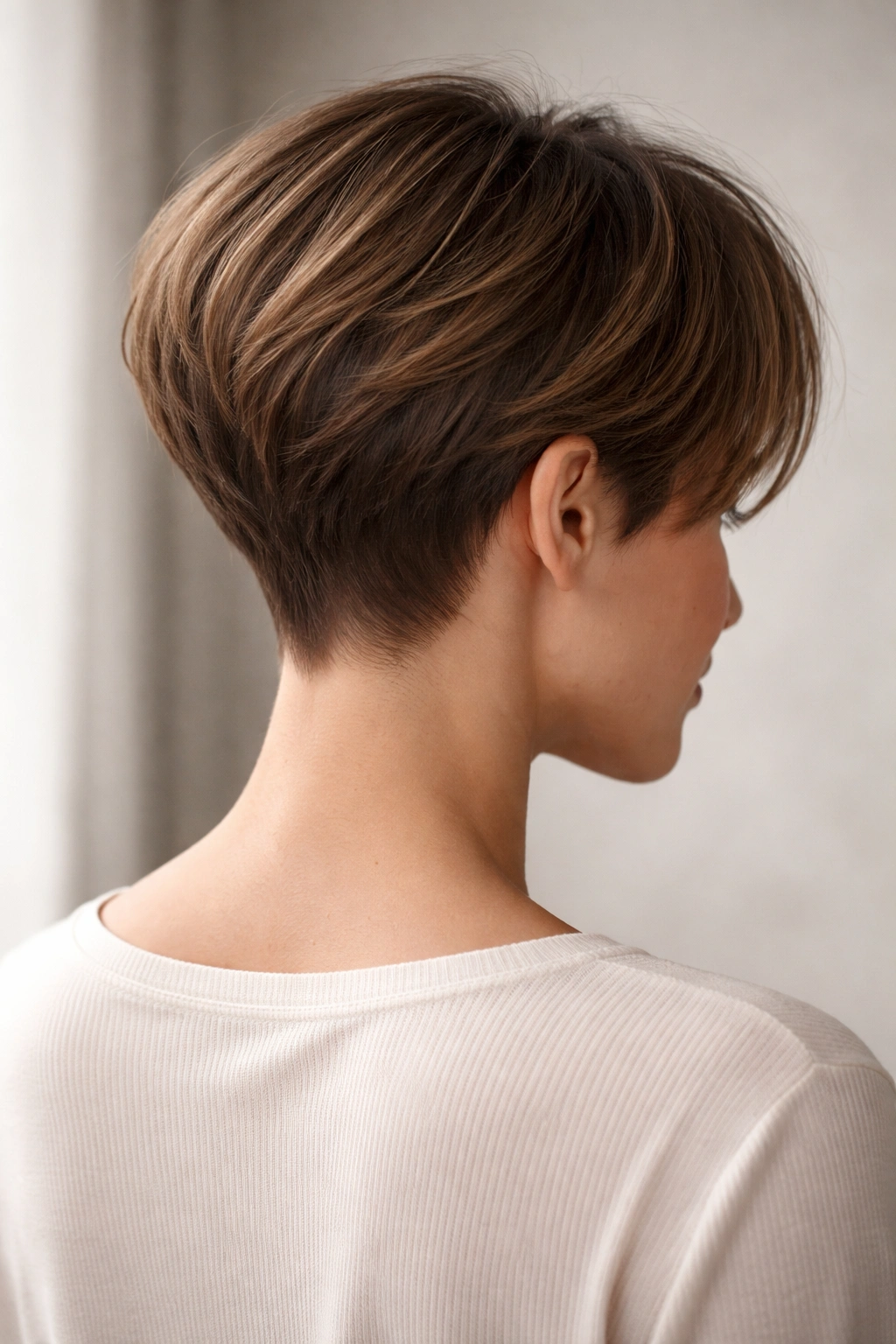 Back view of tapered nape pixie bob showing crisp nape line and longer top.