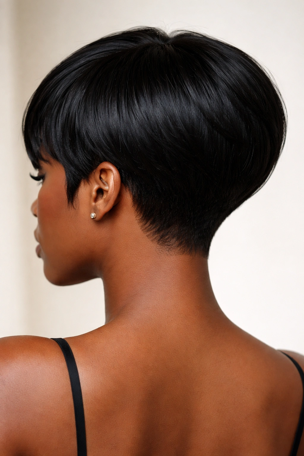 Back view of a tapered nape razor bob with a sharp neckline.