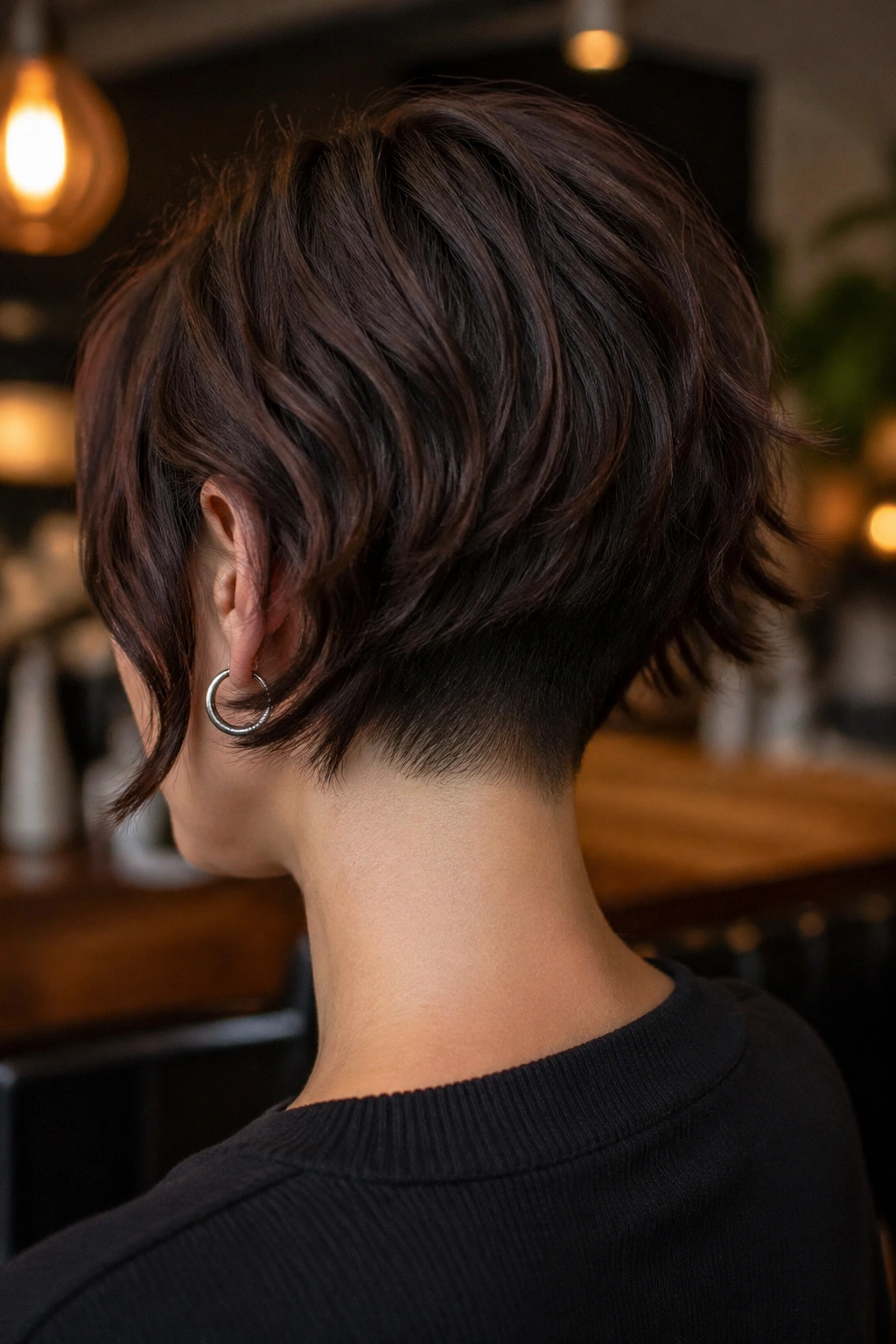 Back view of a real woman's head showing a tapered nape wolf cut bob in warm cafe lighting.