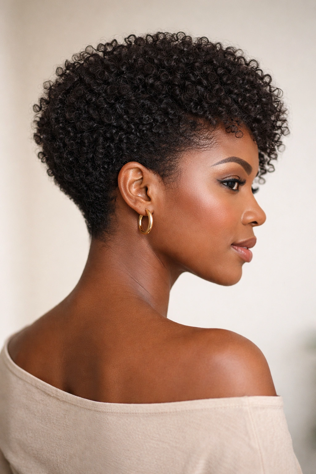 Tapered natural bob on coily hair with neat neckline in studio