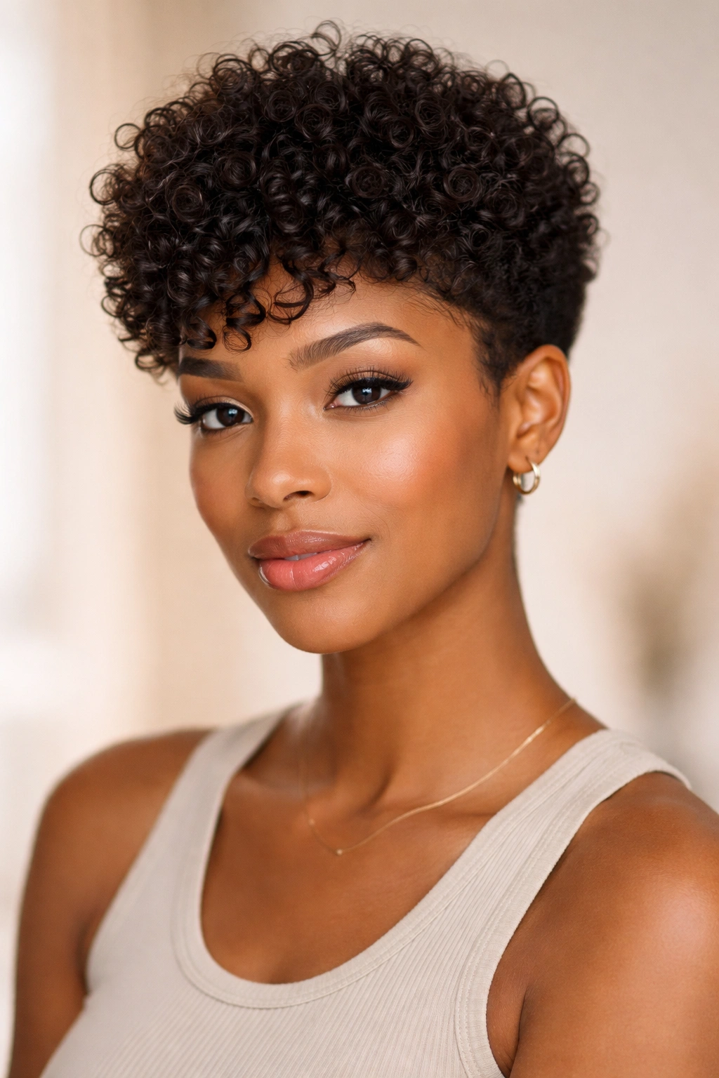 Close-up of tapered curly pixie on 3C curls defining silhouette