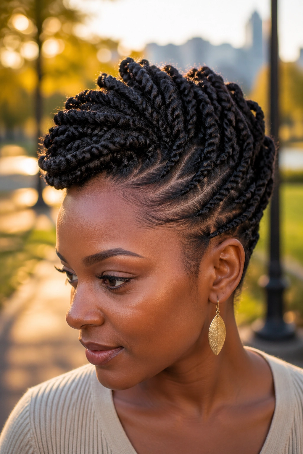 Close-up portrait of a real person with a tapered twist updo for short hair