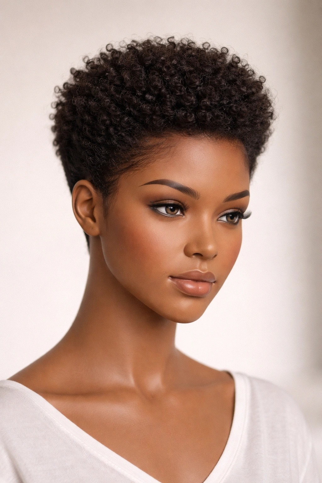 Close-up view of a tapered TWA wig with a soft hairline on a head form in studio lighting