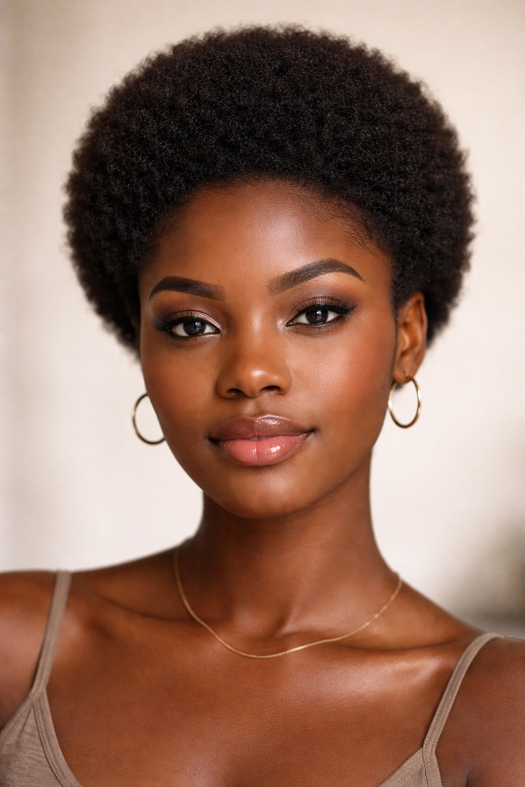 Close-up of a short, rounded teeny weeny afro highlighting soft shape and tight coils