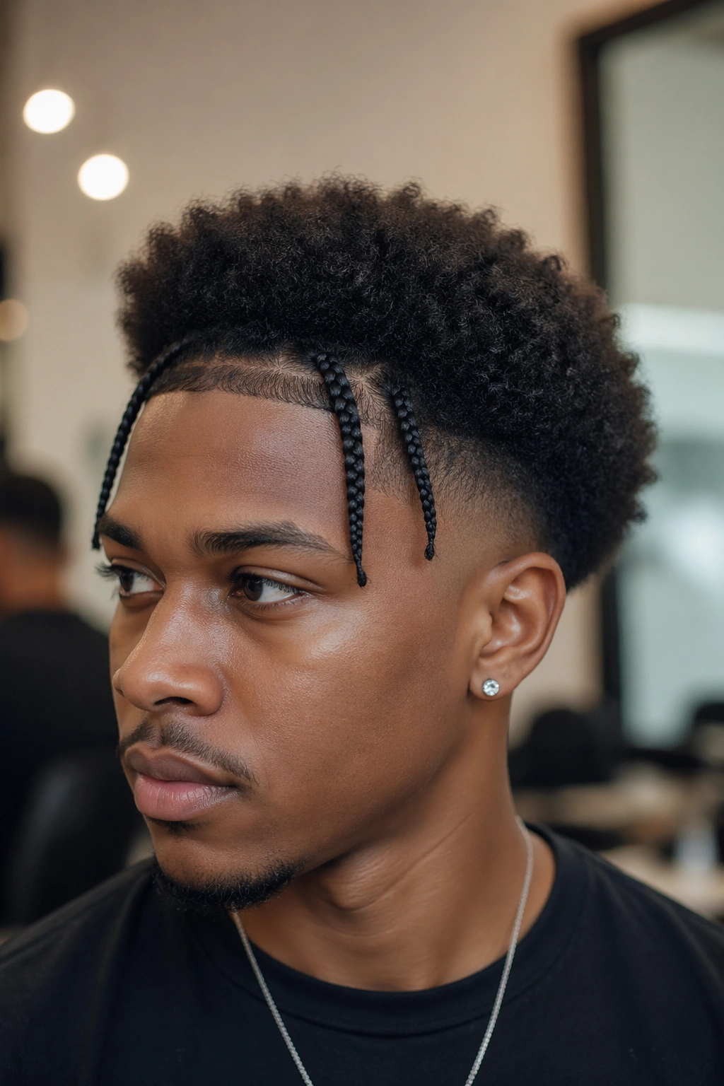 Close-up of a real person with temple braids on a tapered Afro