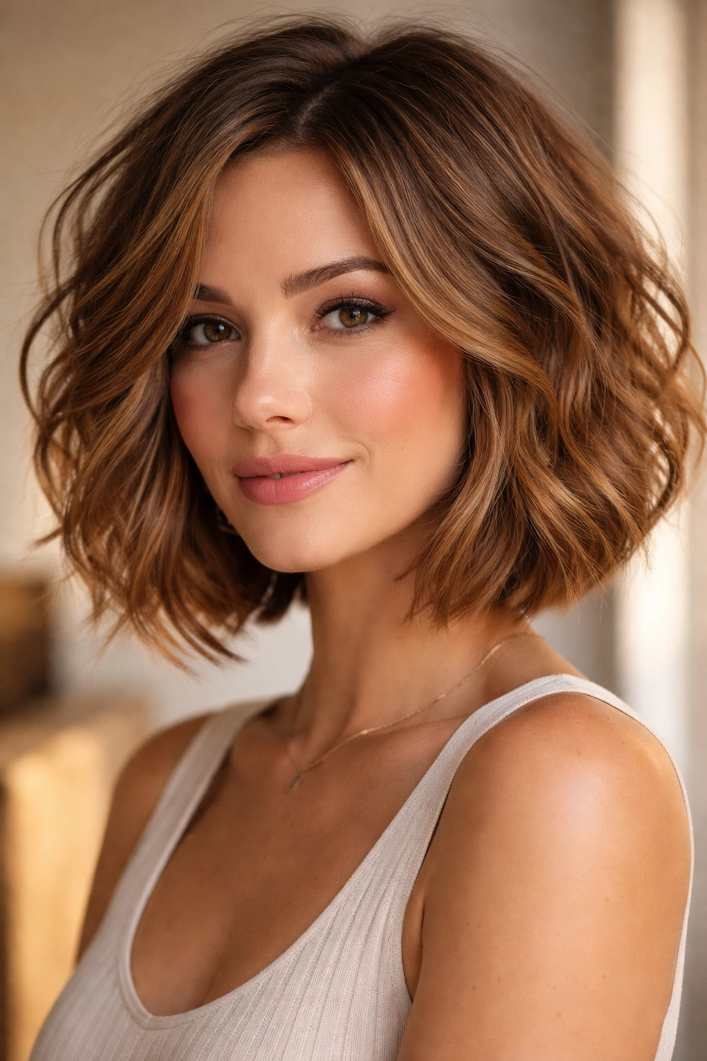 Textured wavy bob with amber dimension and motion