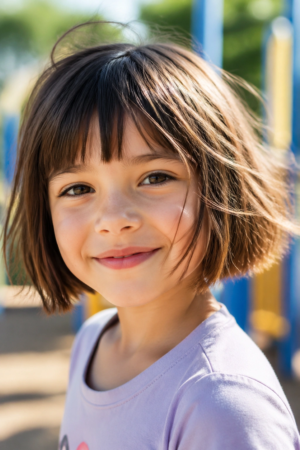 Child with textured bob and choppy bangs outdoors