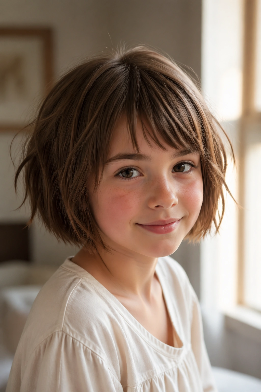 Real child with textured bob and choppy ends in a cozy indoor setting