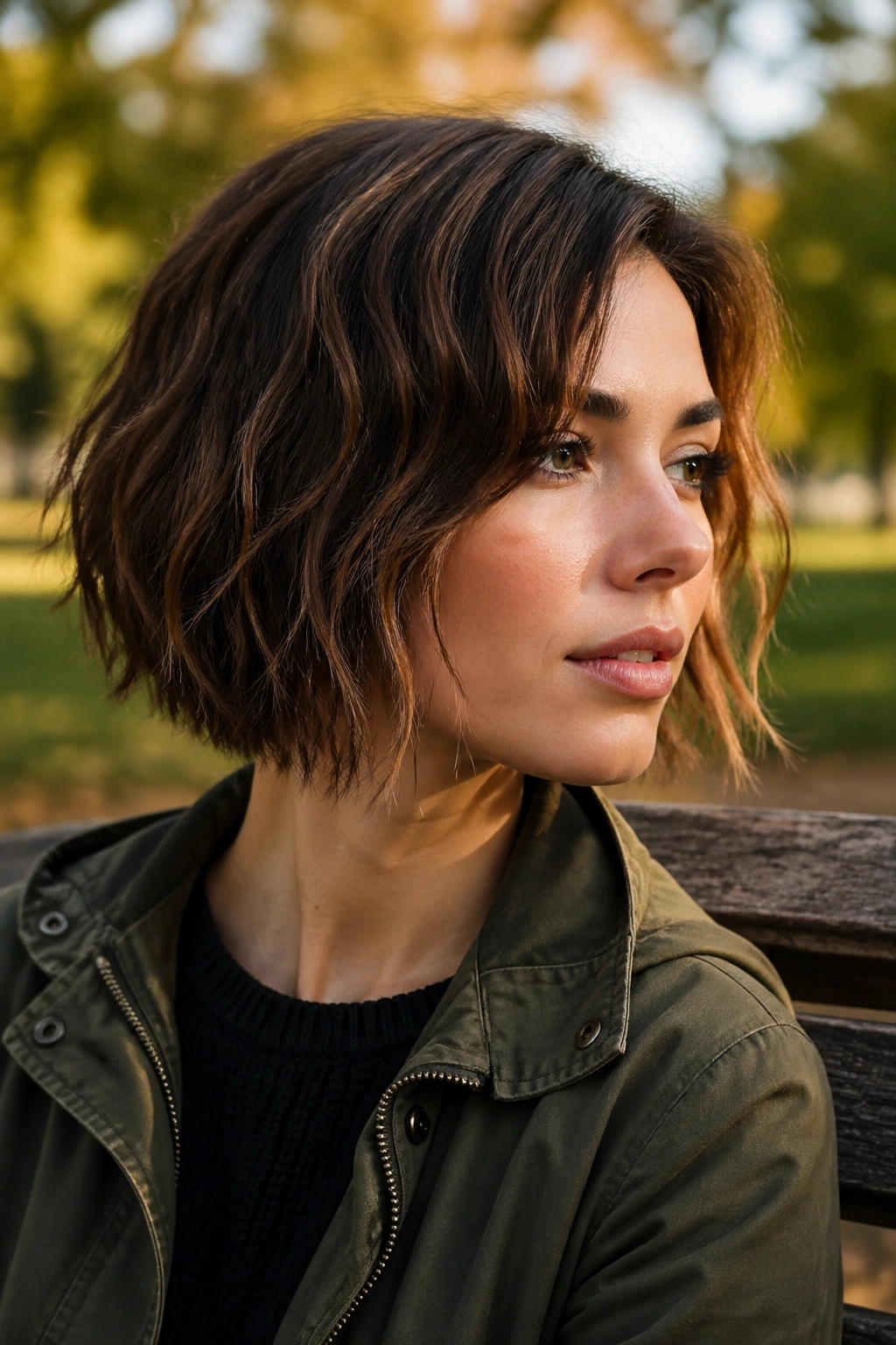 Close-up portrait of a real woman with a textured bob and choppy ends in outdoor light