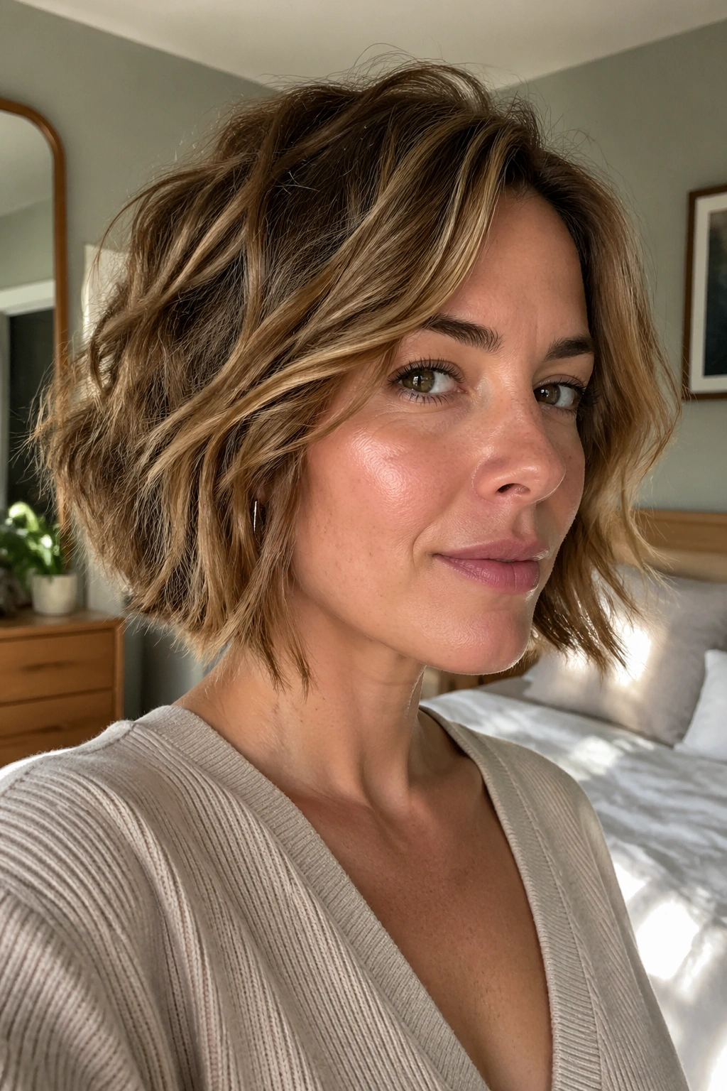 Real woman with textured choppy bob in cozy morning light
