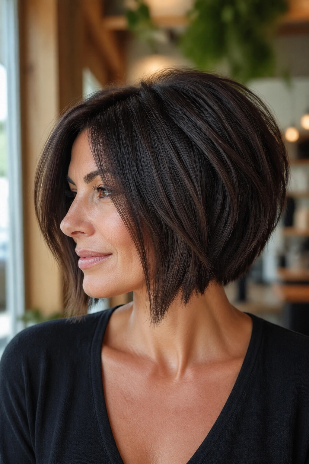 Portrait of a woman with a textured bob and invisible layers in salon lighting