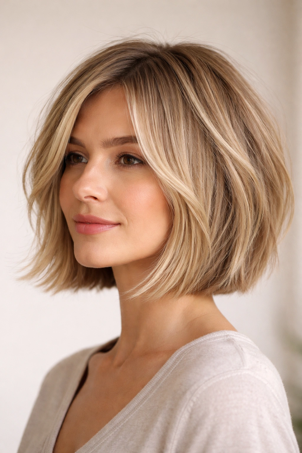 Shoulder-length textured bob with crown lift and light piecey layers
