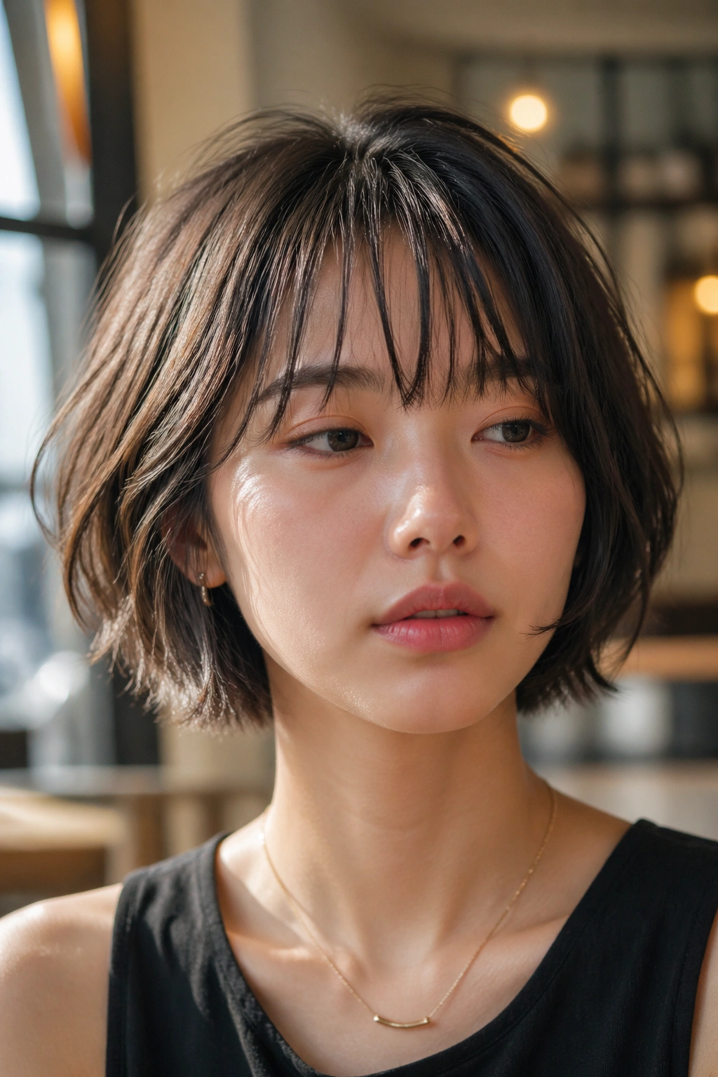 Real person with textured bob and piecey bangs in cafe daylight.