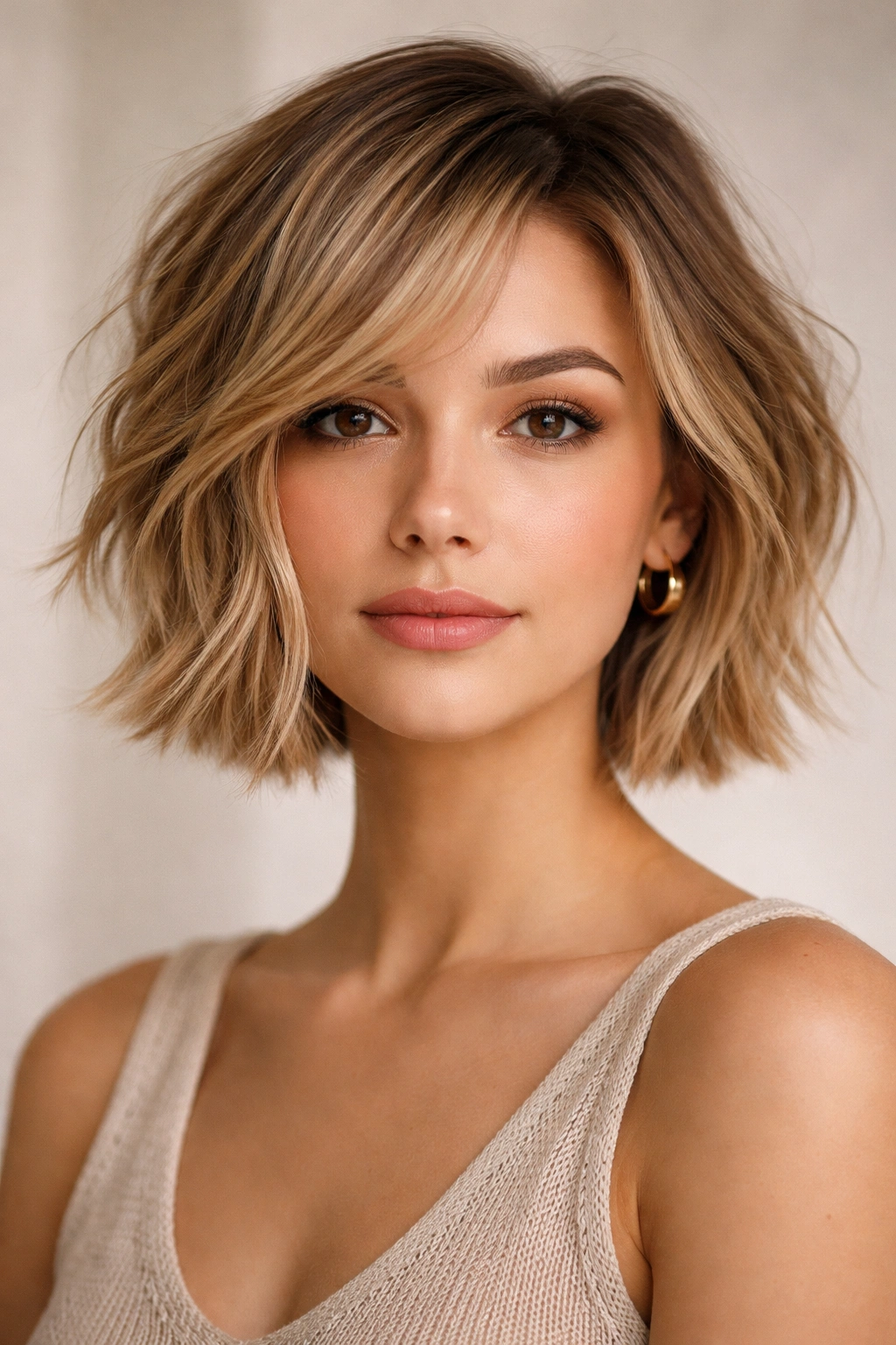 Textured bob with piecey ends creating soft texture around the jaw.