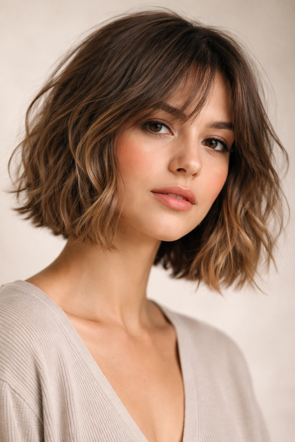 Woman with textured bob and piecey ends