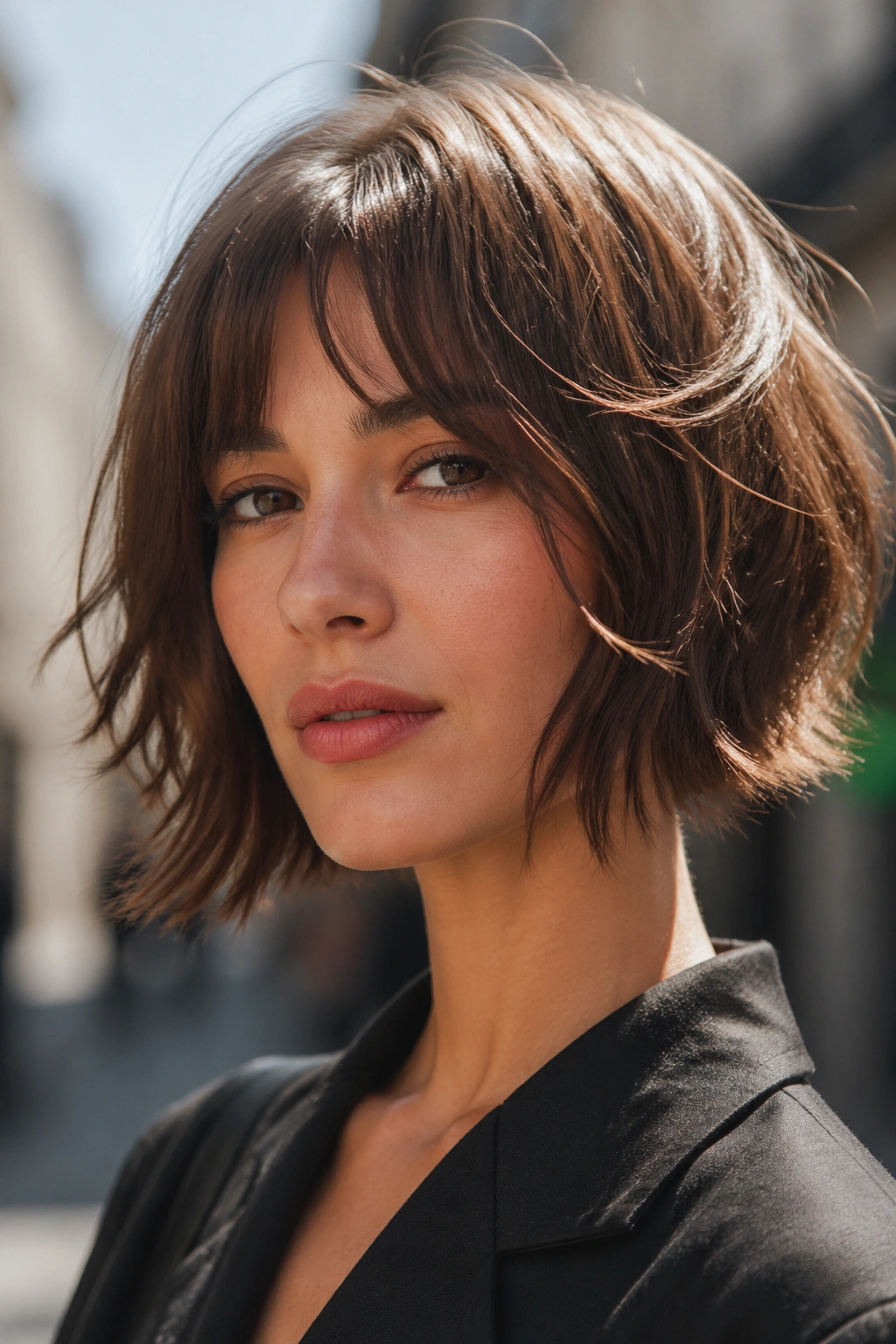 Textured bob with piecey ends close-up portrait