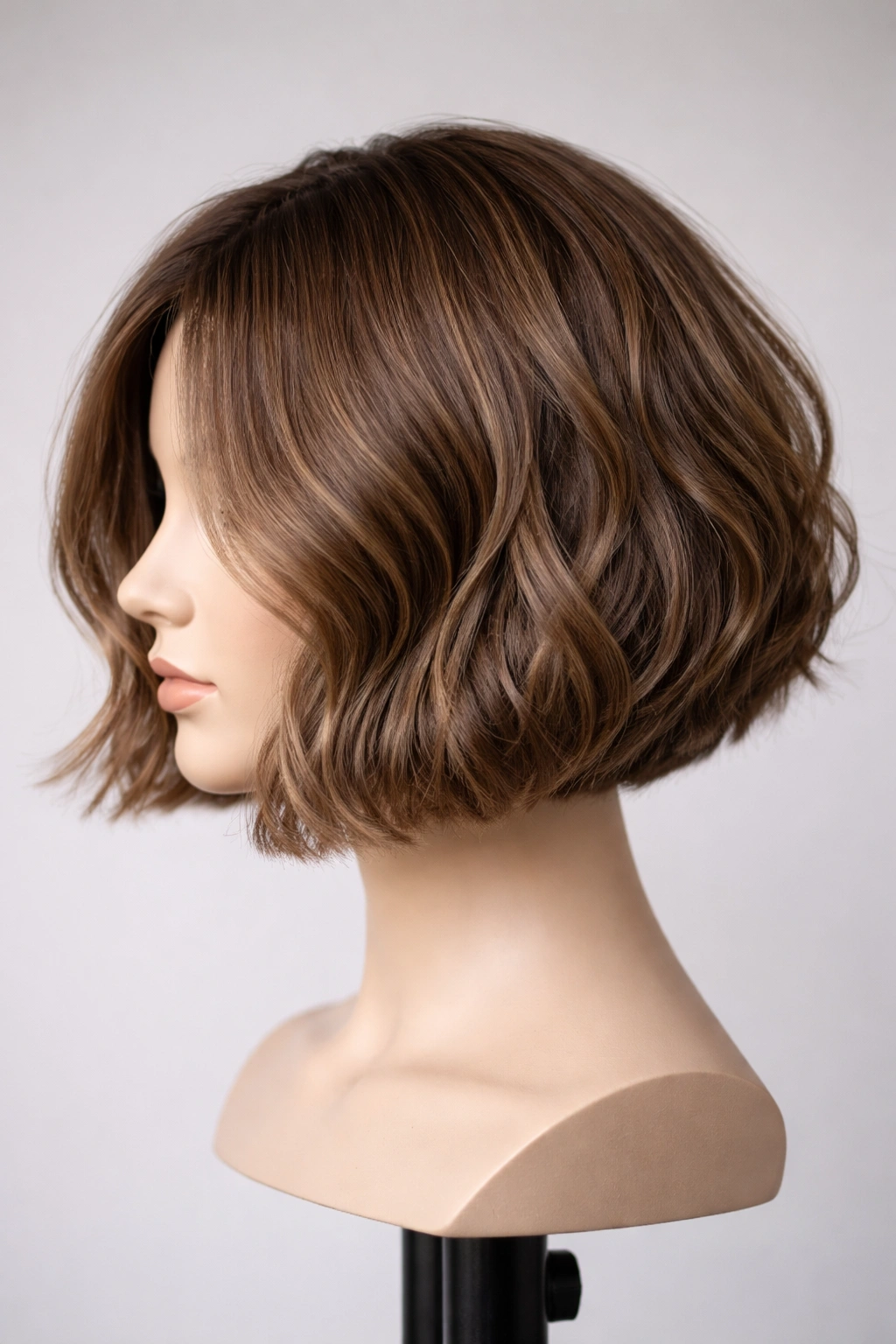 Chin-length textured bob on a wavy-haired mannequin with controlled waves and a tidy perimeter in a studio