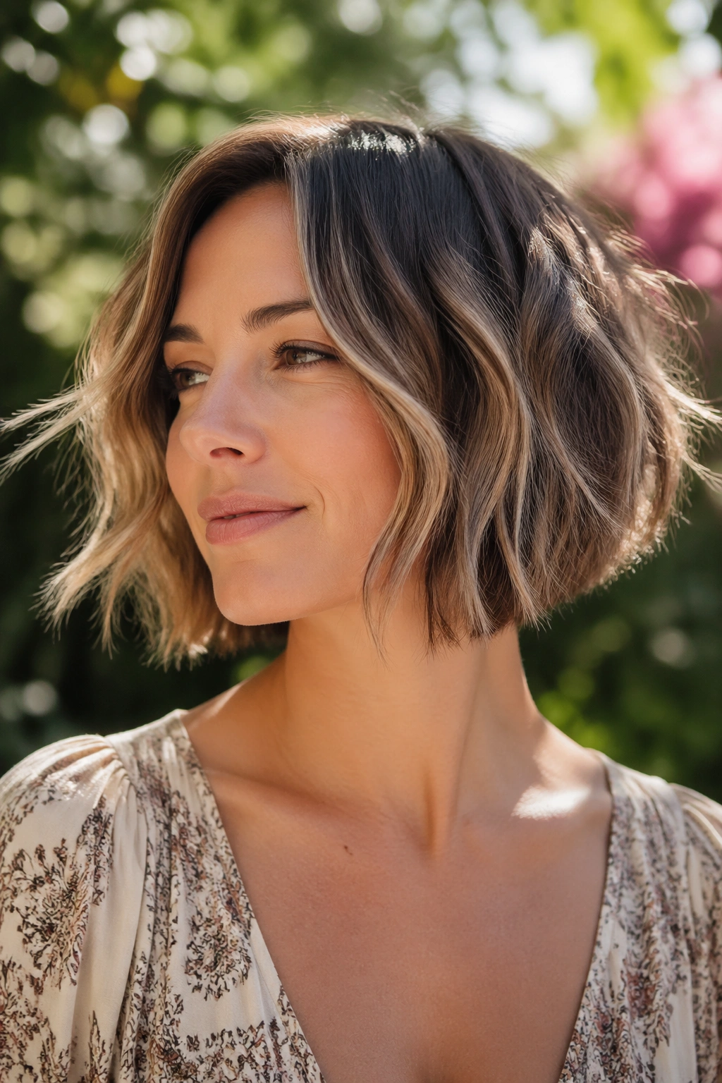 Close-up of a real woman with a textured concave bob and wavy piecey ends