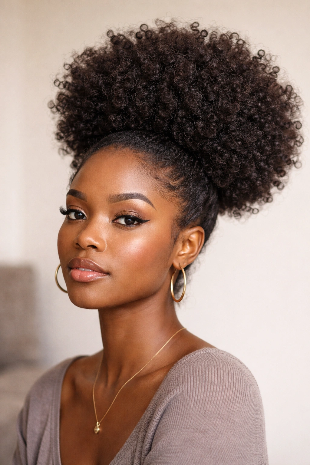 Textured crochet afro puff with rounded silhouette on afro-textured hair