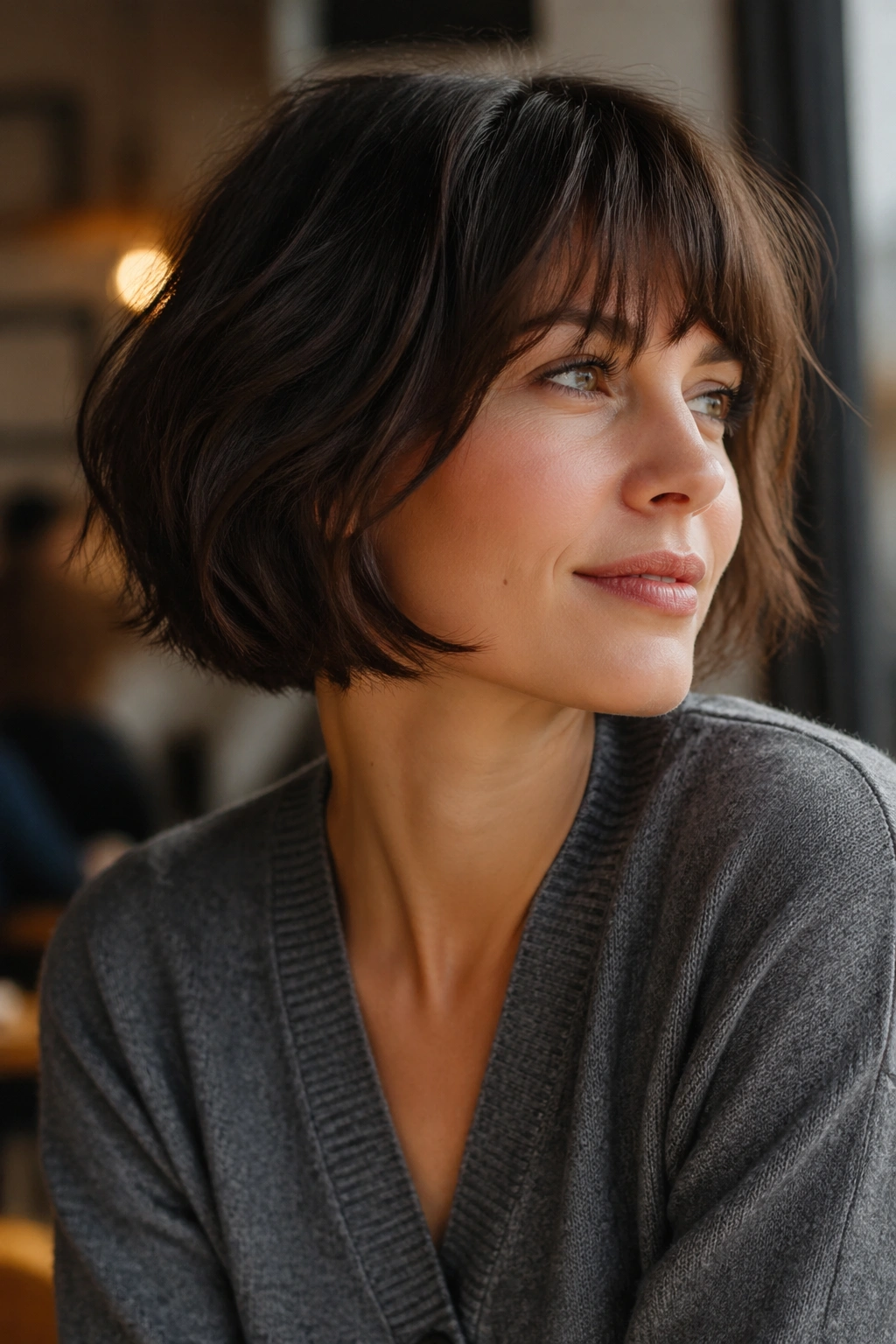 Close-up of a real woman with a textured French bob at cheekbone length.