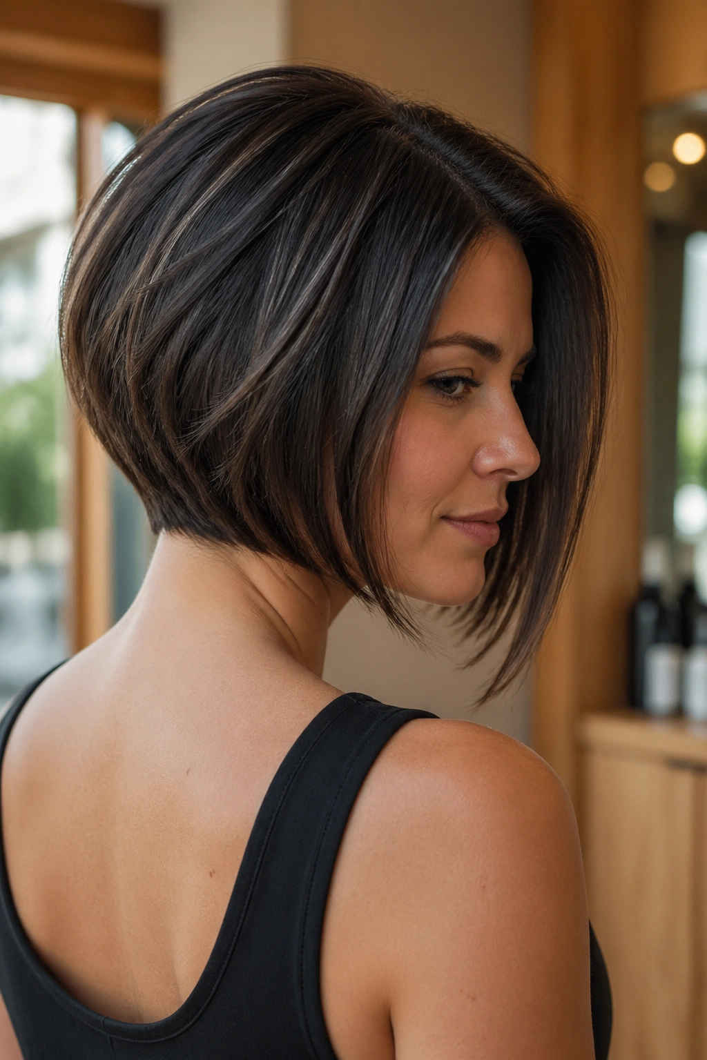 Close-up of a real woman with a textured inverted bob for thick hair in a warm salon.