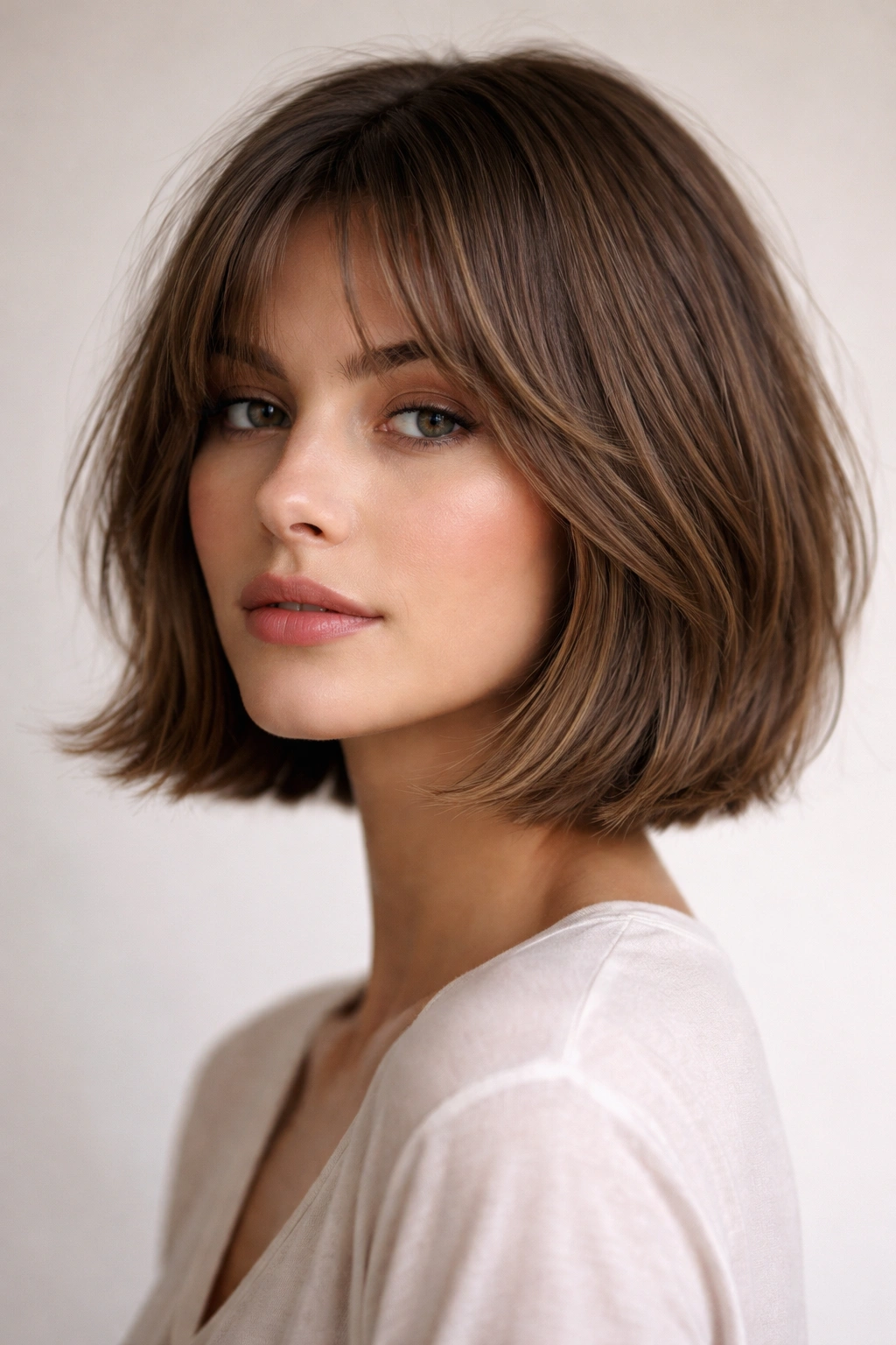 Textured jaw-length bob with curtain bangs parted in the middle and curved toward cheeks