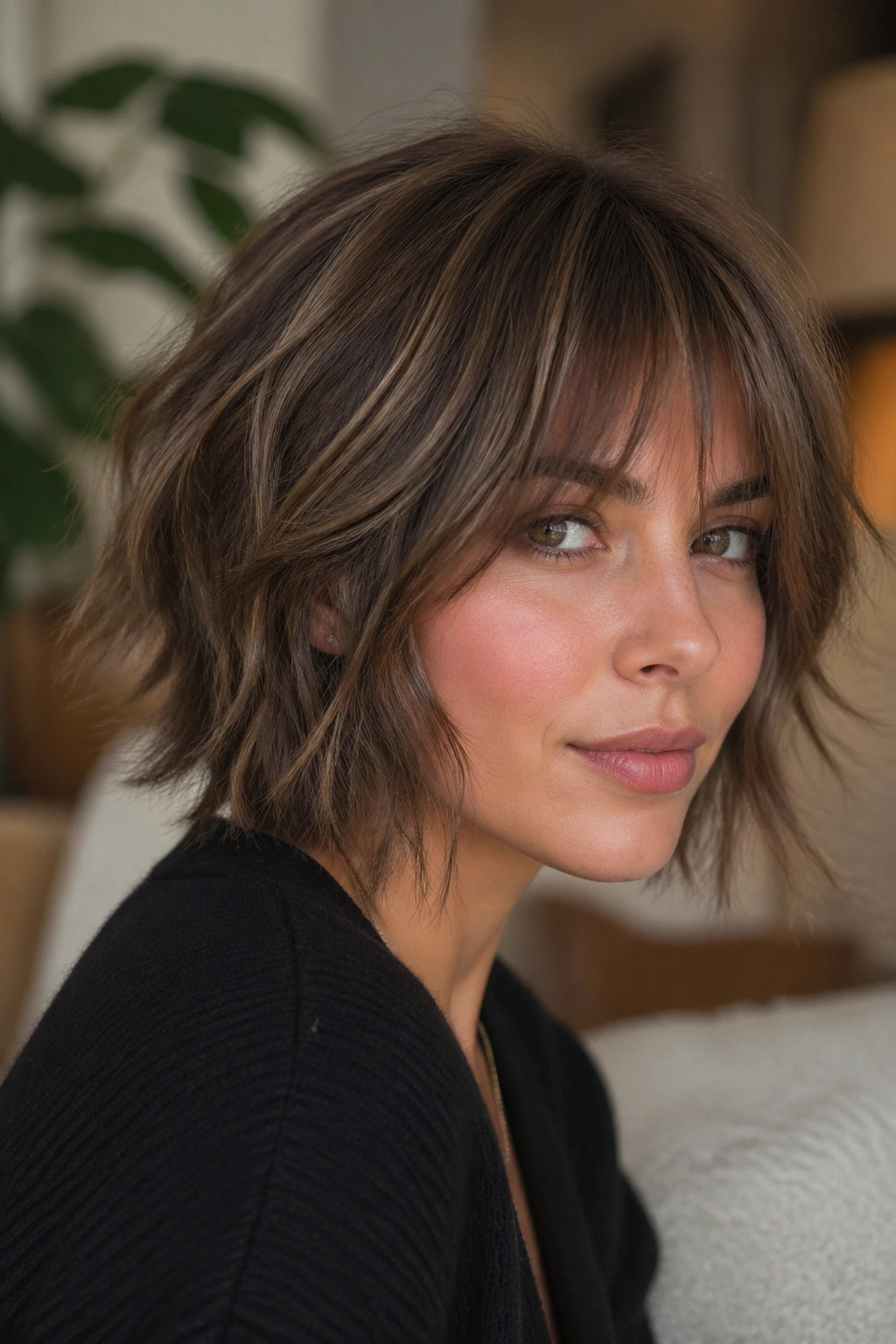 Close-up portrait of a real woman with Textured Shag Bob with Mushroom Brown hair