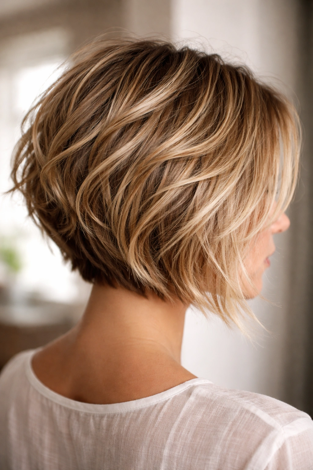 Textured stacked bob with piecey layers showing back fullness and texture.
