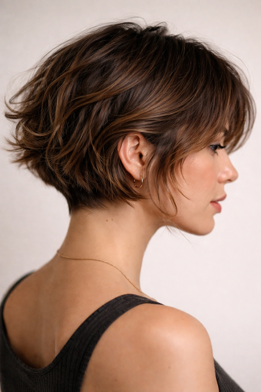 Air-dried textured shaggy undercut bob with loose layers and an airy nape undercut