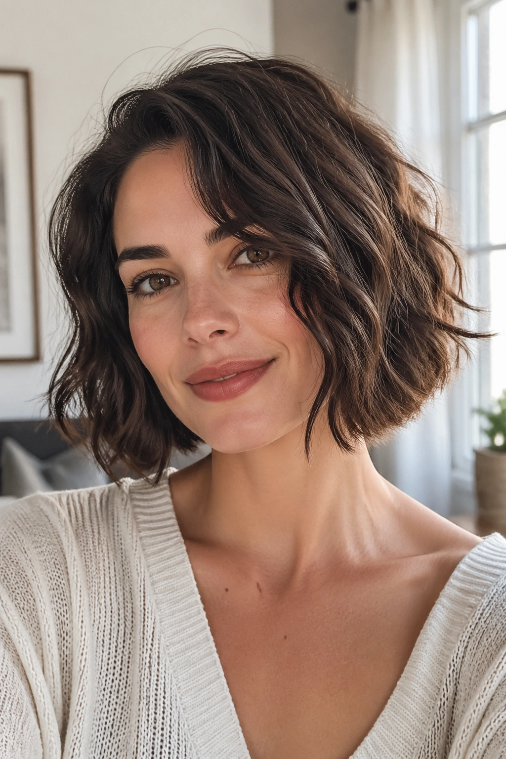 Close-up of a real woman with textured wavy bob and air-dried ends
