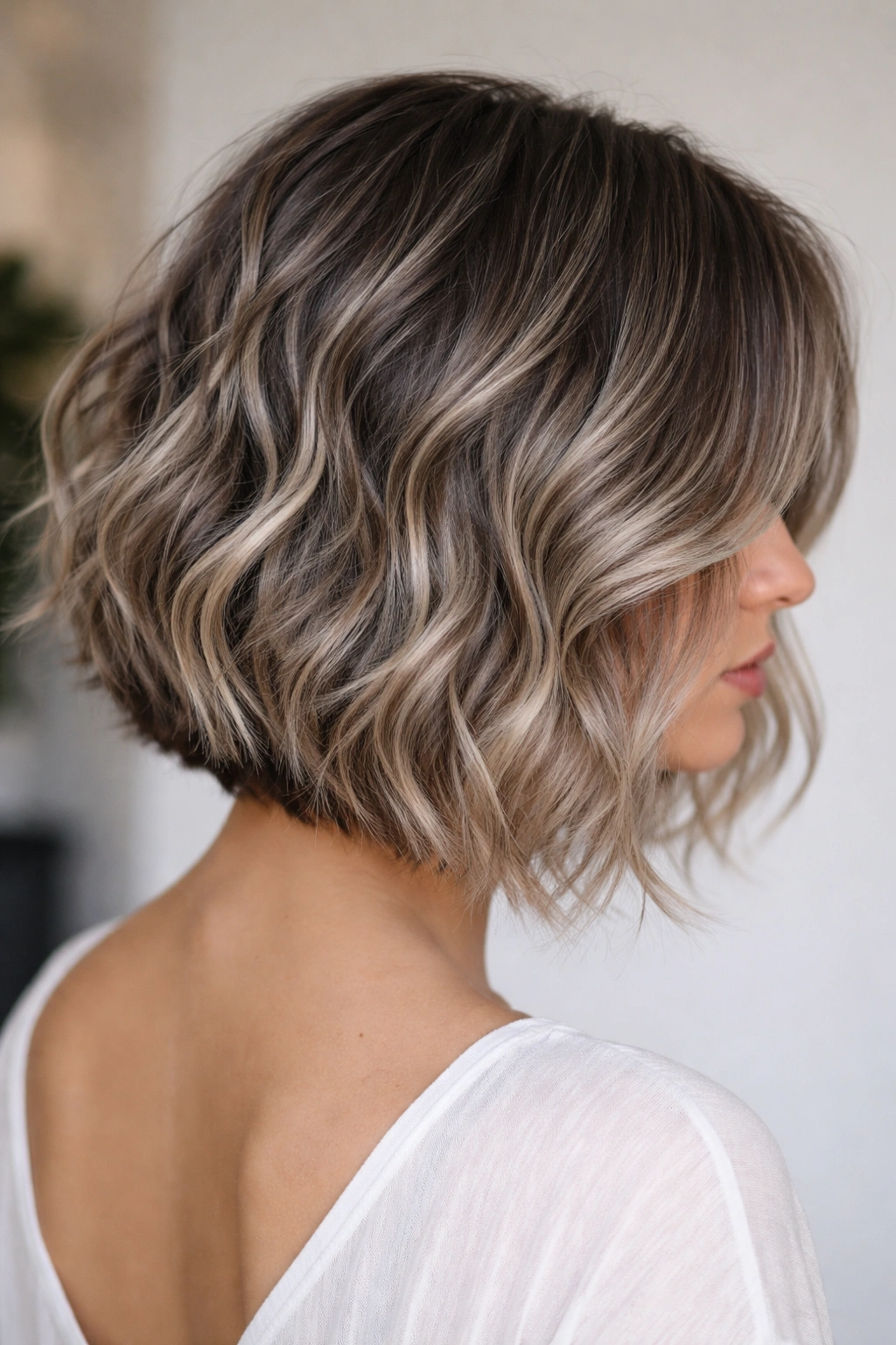 Textured wavy bob with smoky balayage highlights