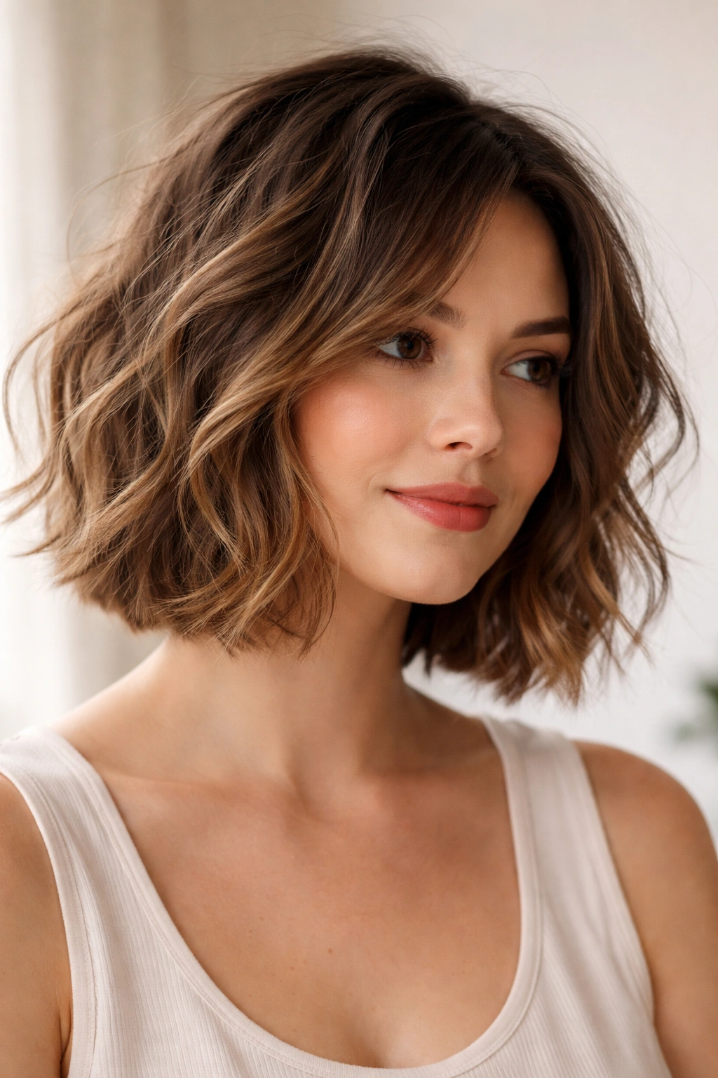 Textured wavy bob with piecey ends in a softly lit studio.