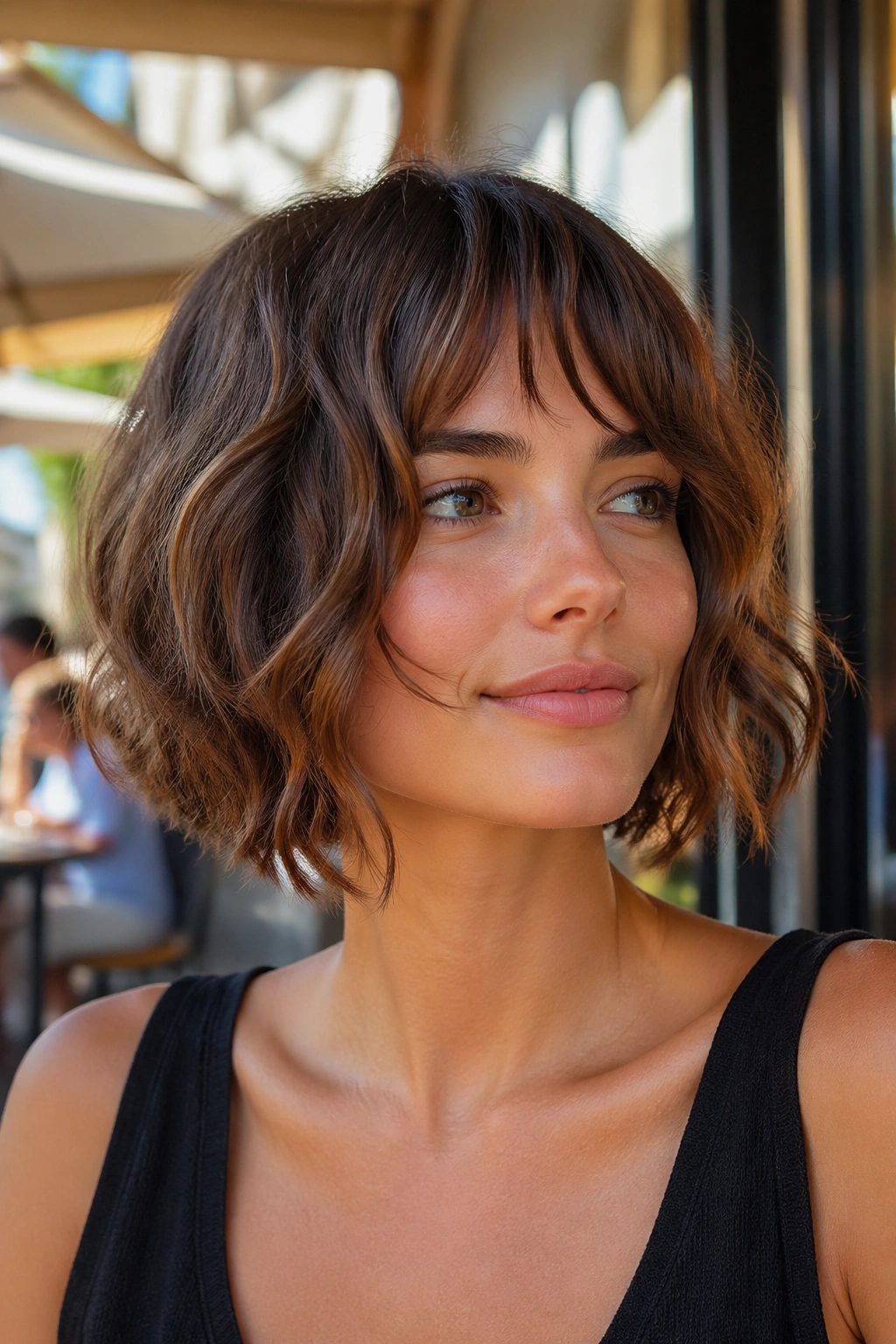 Close-up of a real woman with a textured wavy bob in natural sunlight