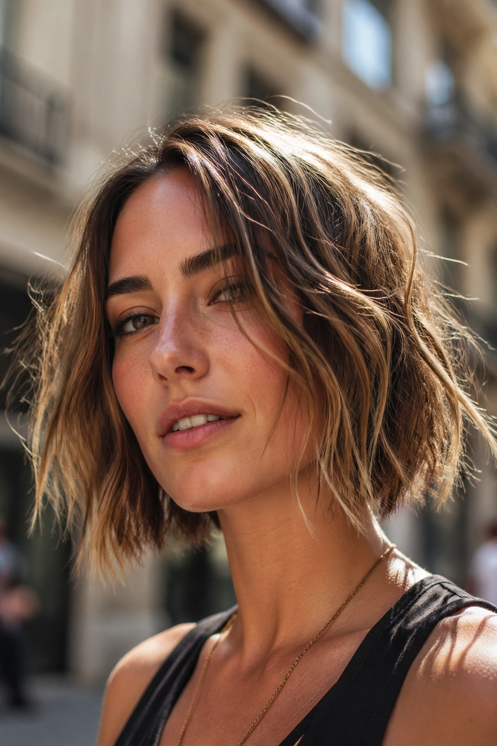 Close-up of a real woman with a textured wavy bob and shattered ends.