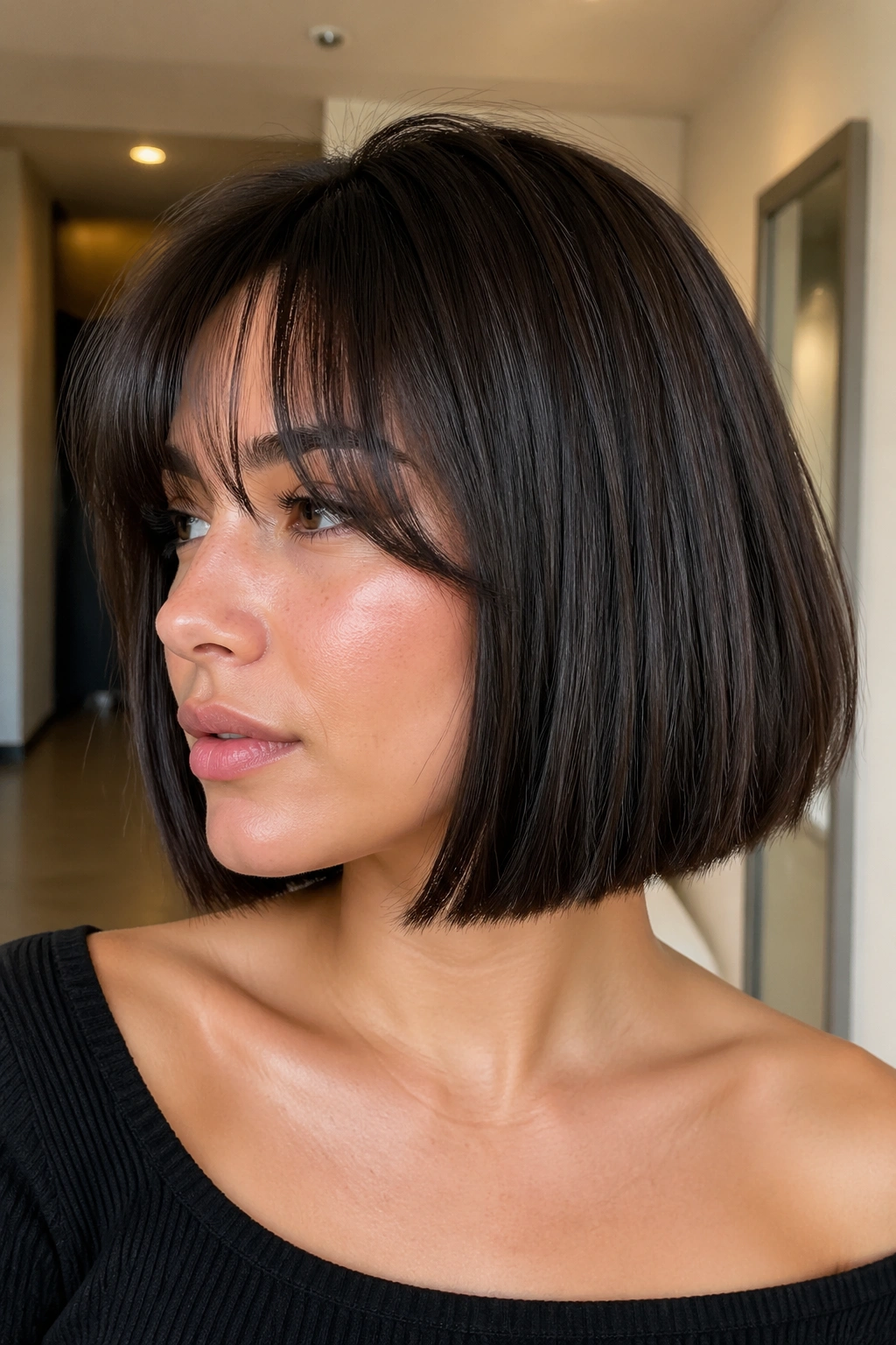 Close-up of a real woman with thick-hair laser-cut bob and hidden weight removal