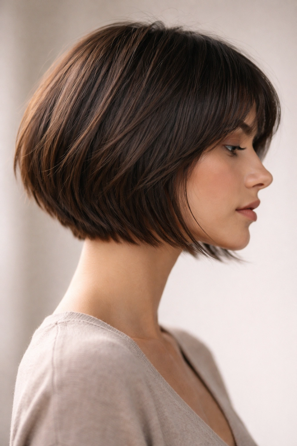 Close-up profile of a thick-haired model with a chin-length razor bob featuring a clean outer line.