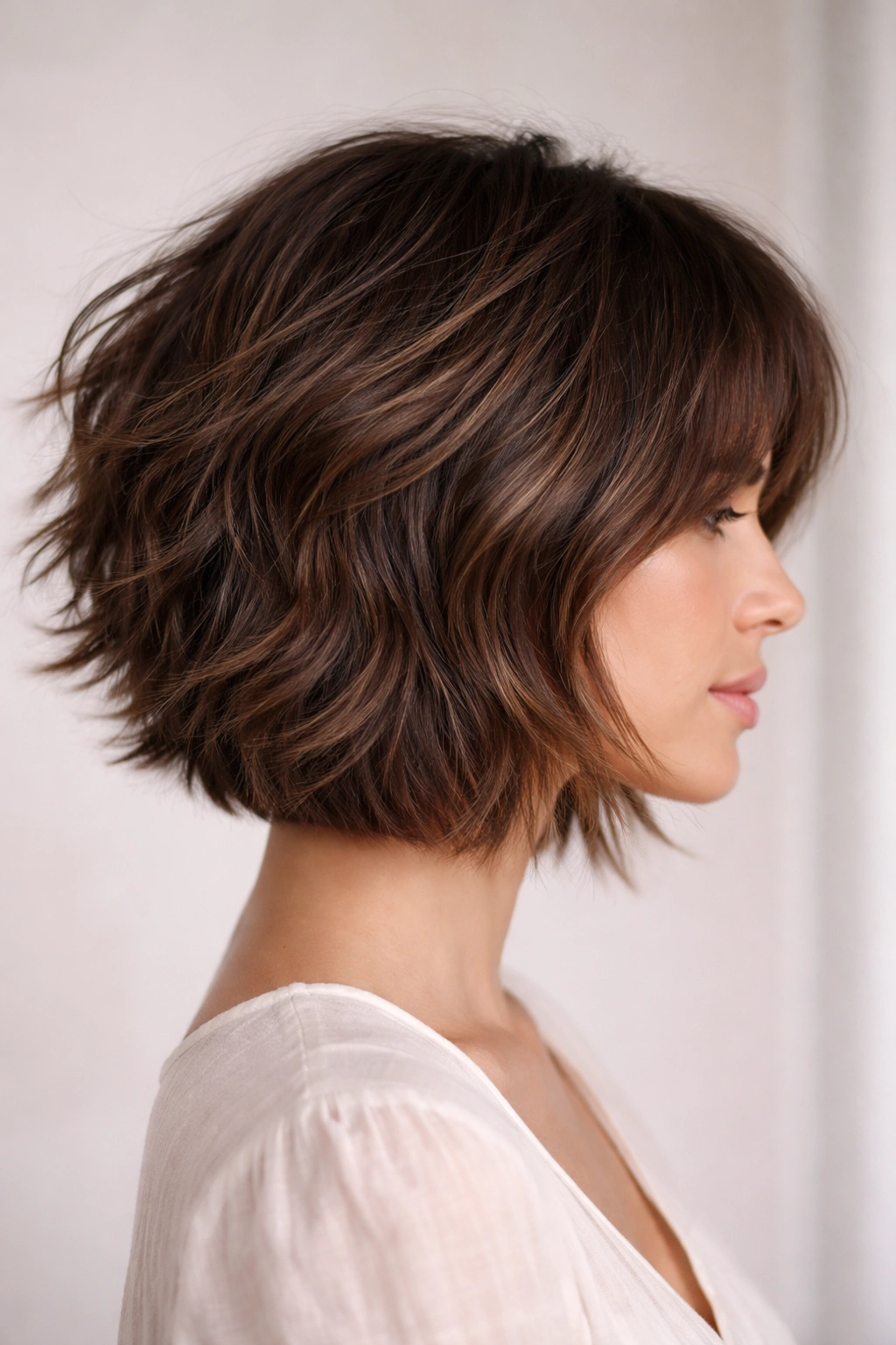 Profile of thick-hair shaggy bob with internal weight removal