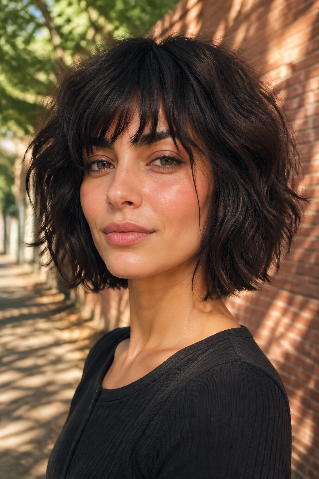 Portrait of a person with heavy-textured wolf bob and shaggy bangs in park sunlight