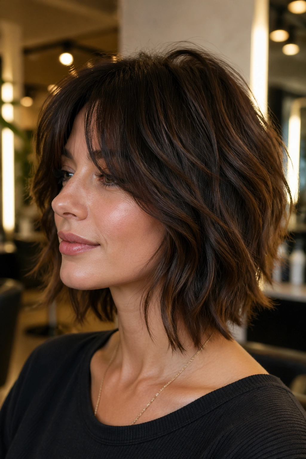 Close-up of real person with thick-hair wolf cut bob showing internal layers and longer front in a modern salon