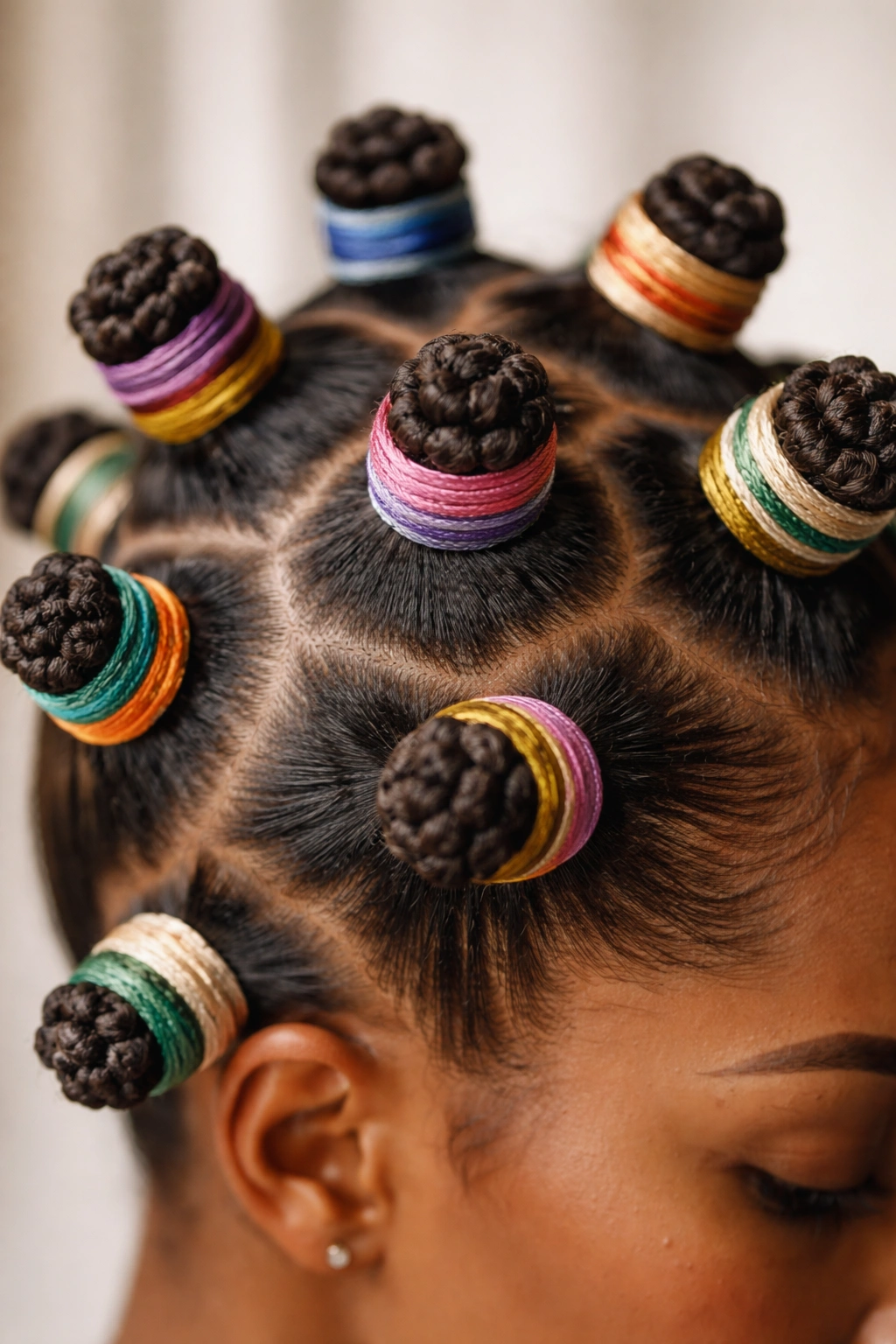 Close-up of thread-wrapped bantu knots showing colored thread on sections