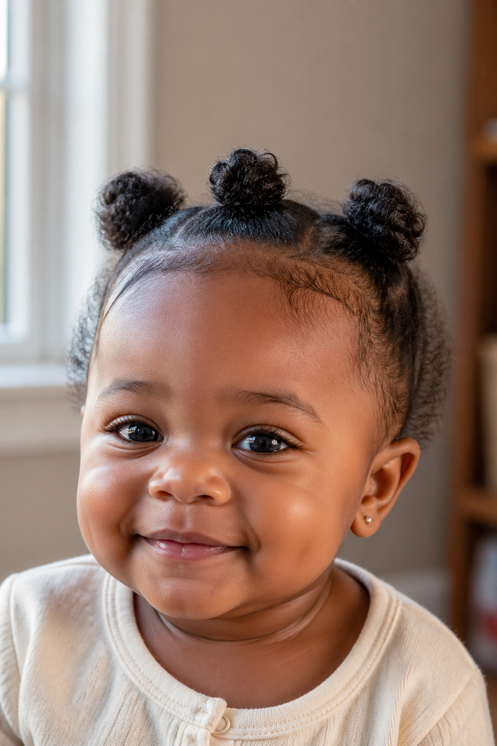 Baby girl with three soft mini buns across the head in a warm room.
