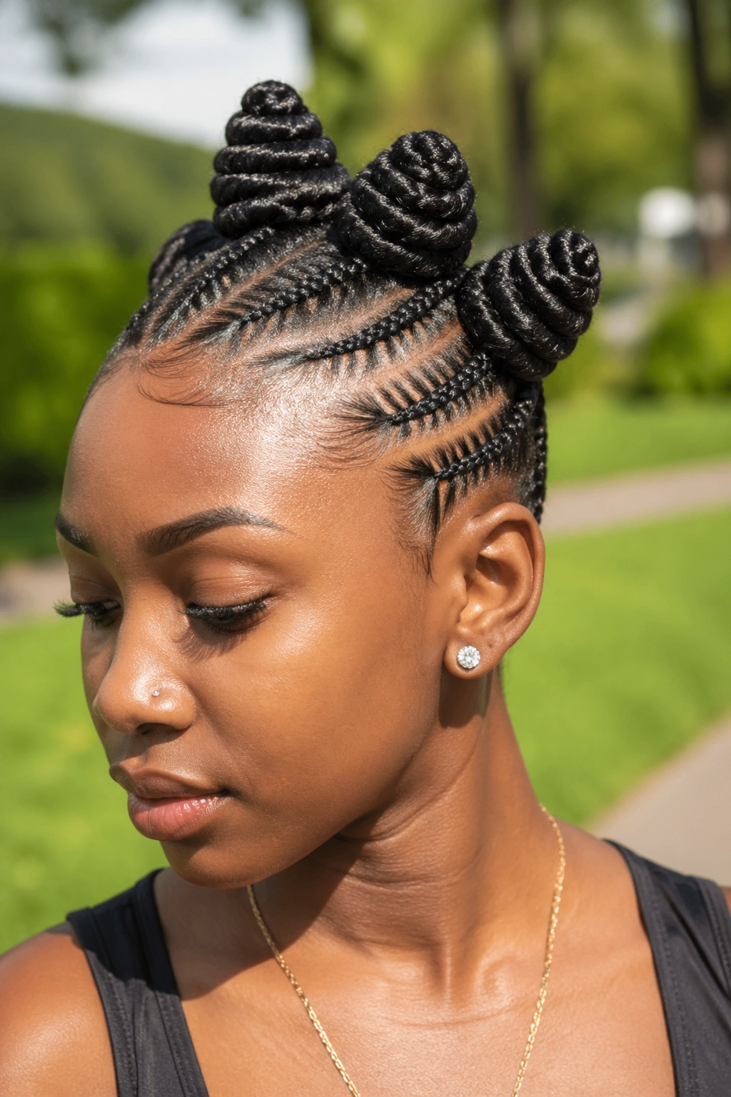 Three cornrows feeding into jumbo knots on a real person, outdoor natural light.