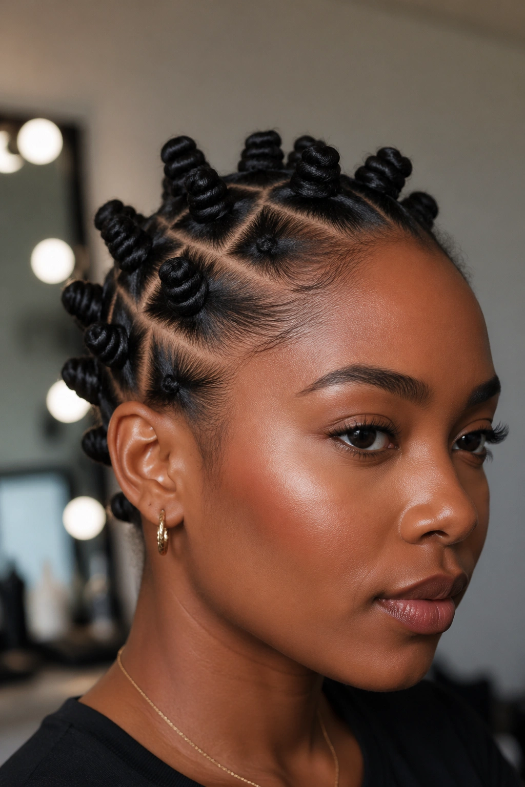 Close-up of formal tight-set Bantu knots with crisp roots