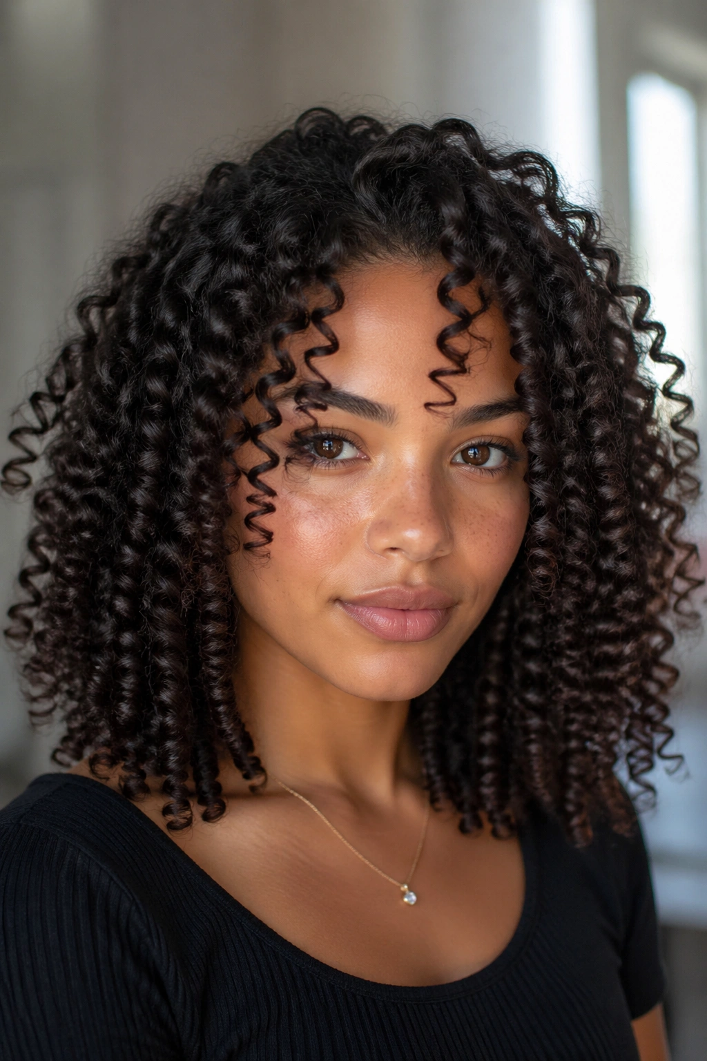Close-up of a real woman with tight spiral ringlets and defined curls