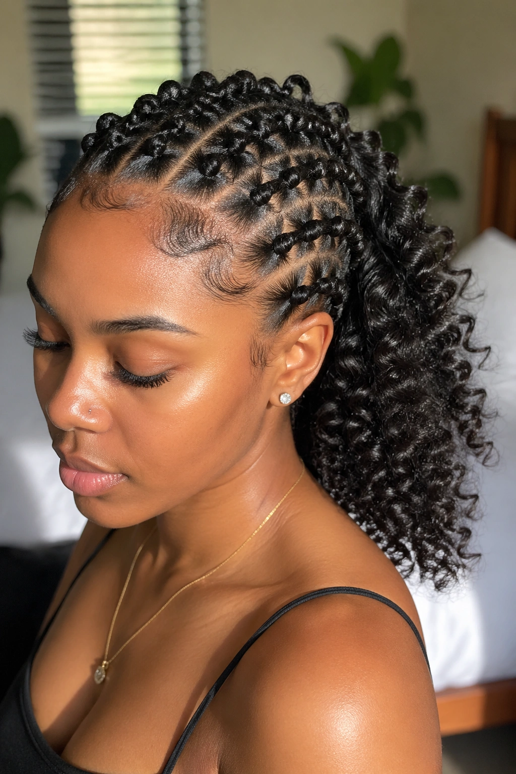 Close-up of tiny Bantu knots and soft spiral curls on a real person
