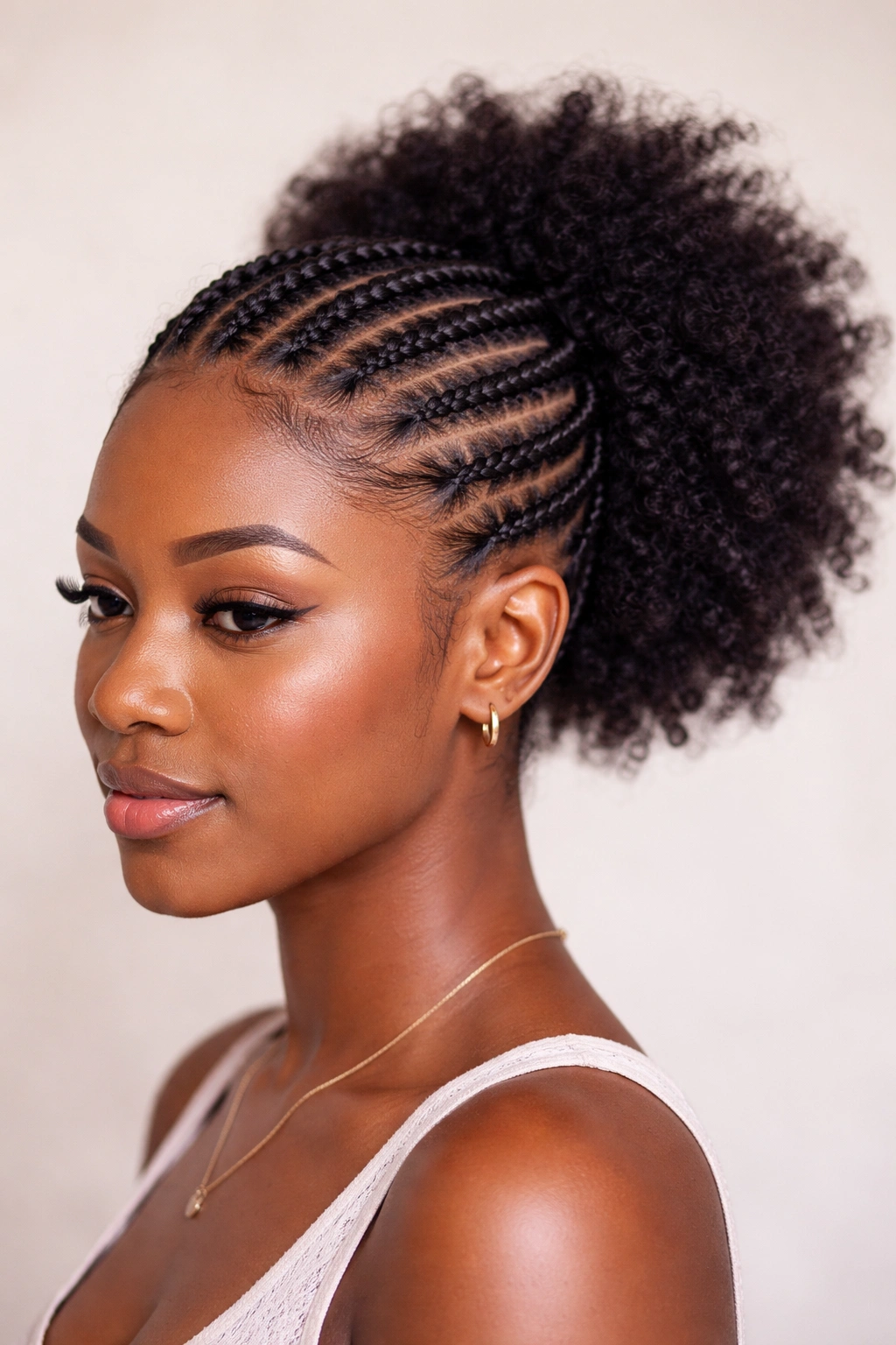 Front tiny cornrows with a fluffy back on short 4C hair showing contrast between cornrows and puff